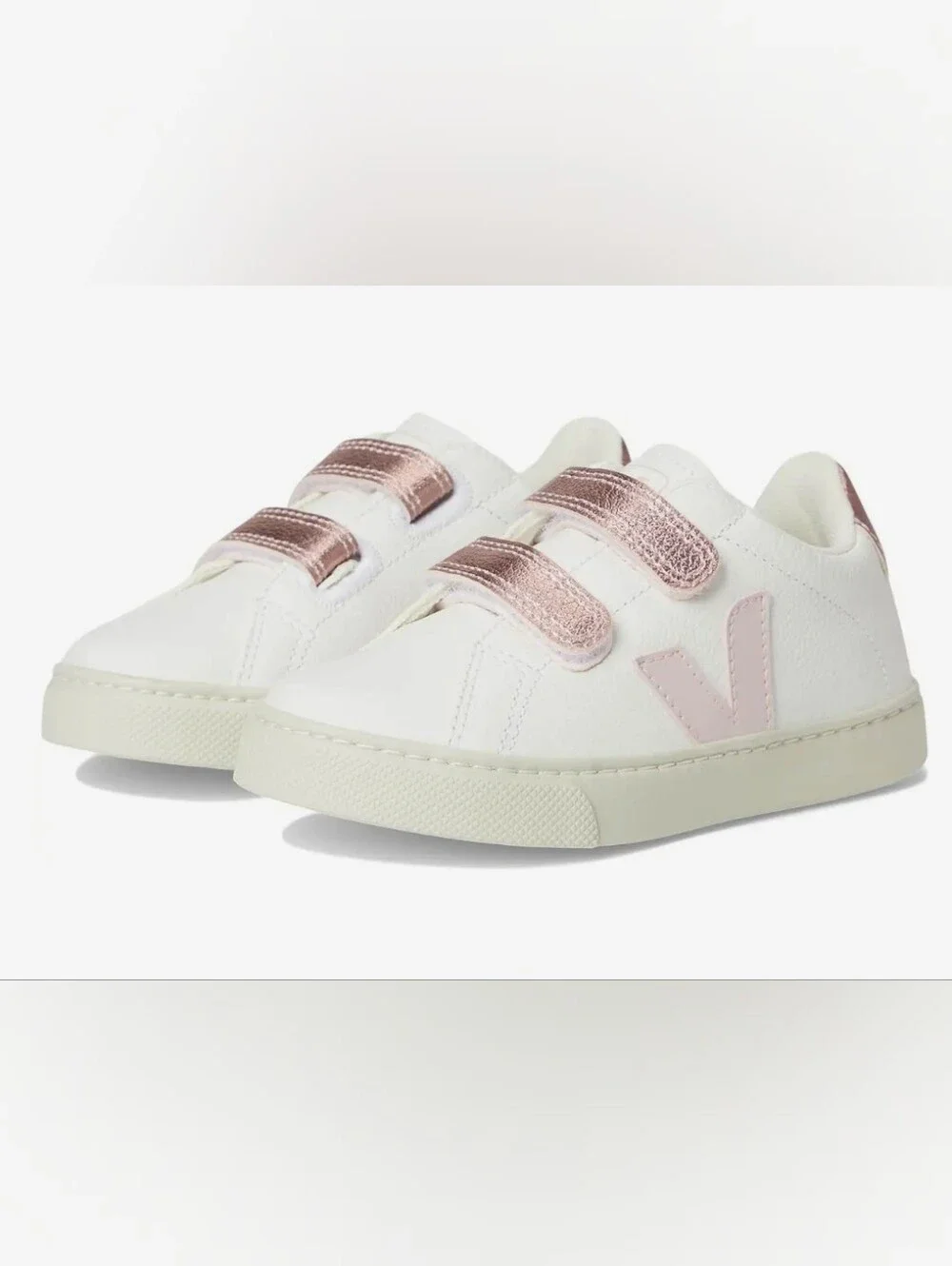 Veja Kids Velcro Sneakers in White with Rose Metallic Accents Size 9.5